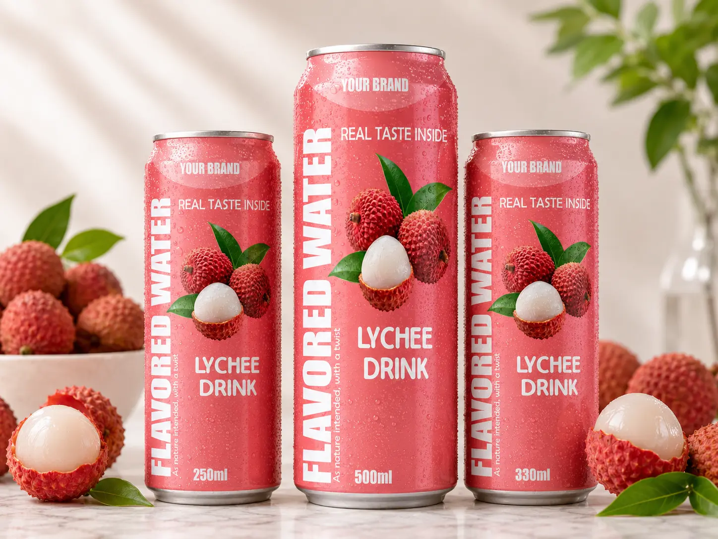 FLAVORED WATER lychee drink cans in 250ml, 330ml and 500ml sizes.